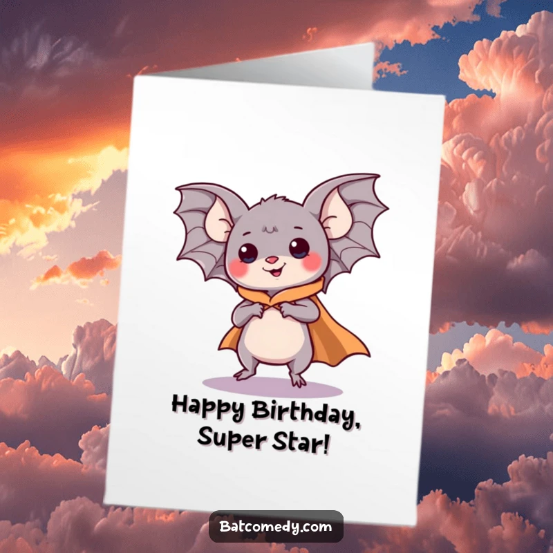 Funny Free Printable Birthday Card: A kawaii bat dons a cape, striking a heroic pose as it pretends to fly, ready for birthday fun.