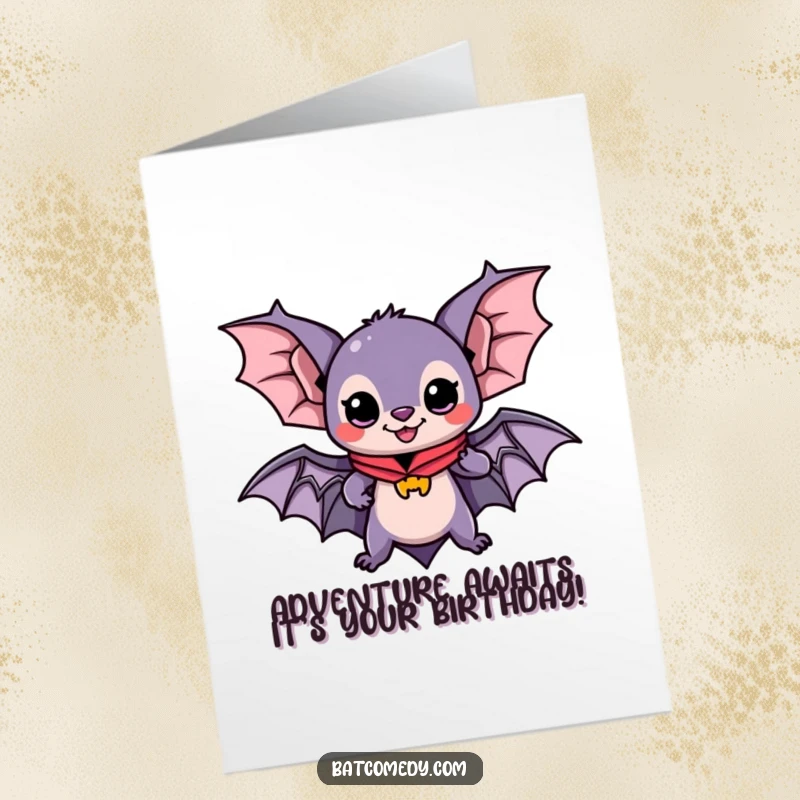 Funny Free Printable Birthday Card: A kawaii bat in a superhero cape, ready for a birthday adventure, looking heroic.