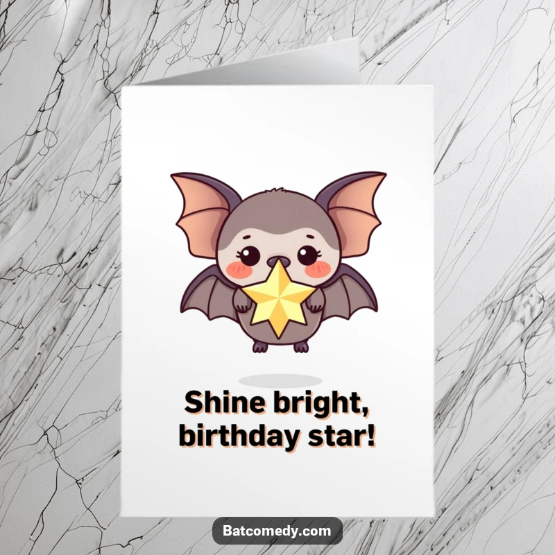 Funny Free Printable Birthday Card: A bat with focus balances a single sparkly star on its nose tip.