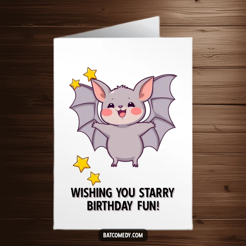 Funny Free Printable Birthday Card: a bat excitedly juggles three tiny stars with its wings, celebrating joyfully.