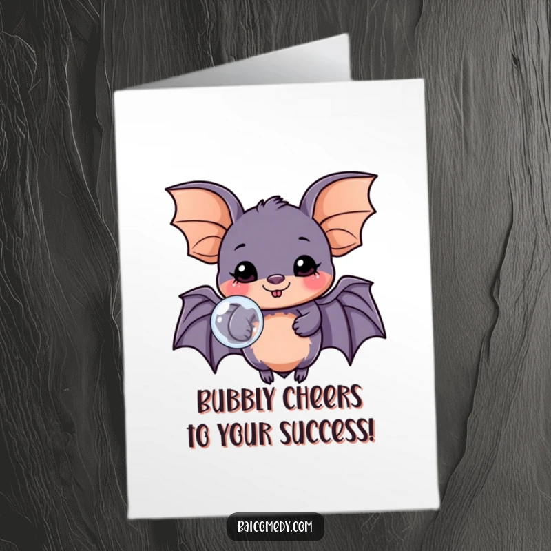 Funny Free Printable Congratulations Card: A joyful kawaii bat happily blows a big bubble, celebrating great news with glee.