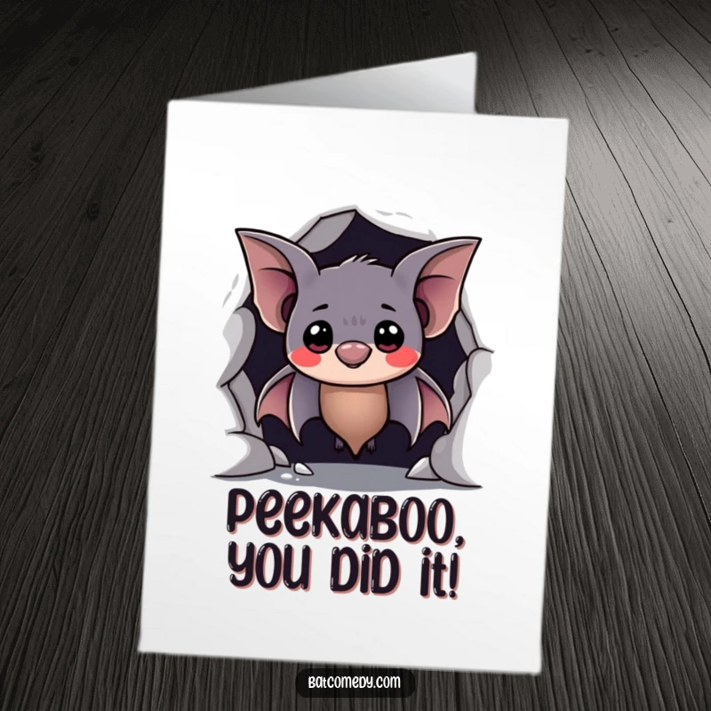 Funny Free Printable Congrats Card: Shy bat peeking from cave with a sweet smile, a tender downloadable gift.