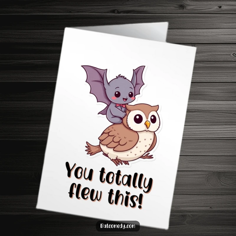 Funny Free Printable Congrats Card: Bat gleefully rides owl, a humorous downloadable gift for celebrating achievements.