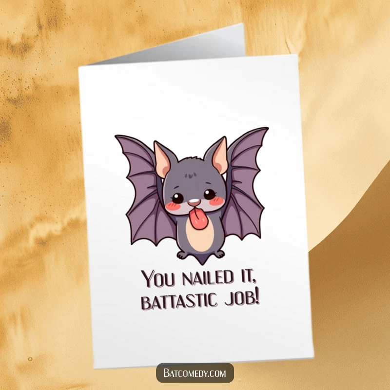 Free Printable Congratulations Card: a cute bat hanging upside down with its tongue out, celebrating your success.