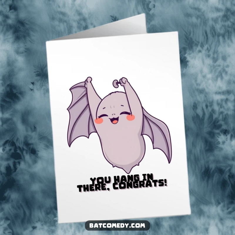 Funny Free Printable Congratulations Card: An upside-down bat giggles with closed eyes, celebrating your wonderful achievement with pure delight.