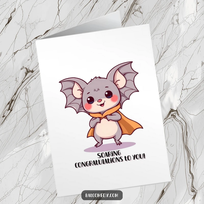 Funny Free Printable Congratulations Card: A kawaii bat in a cape proudly pretends to fly, representing unstoppable success and celebratory vibes.