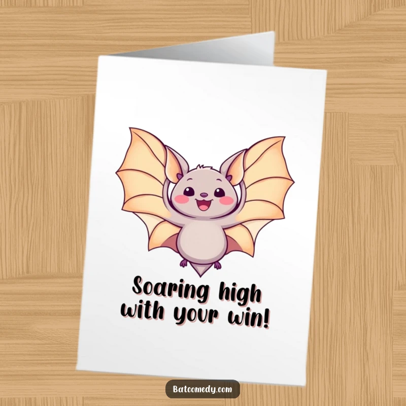 Funny Free Printable Congratulations Card: A kawaii bat opens its wings wide in utter delight and triumph, celebrating a huge win.