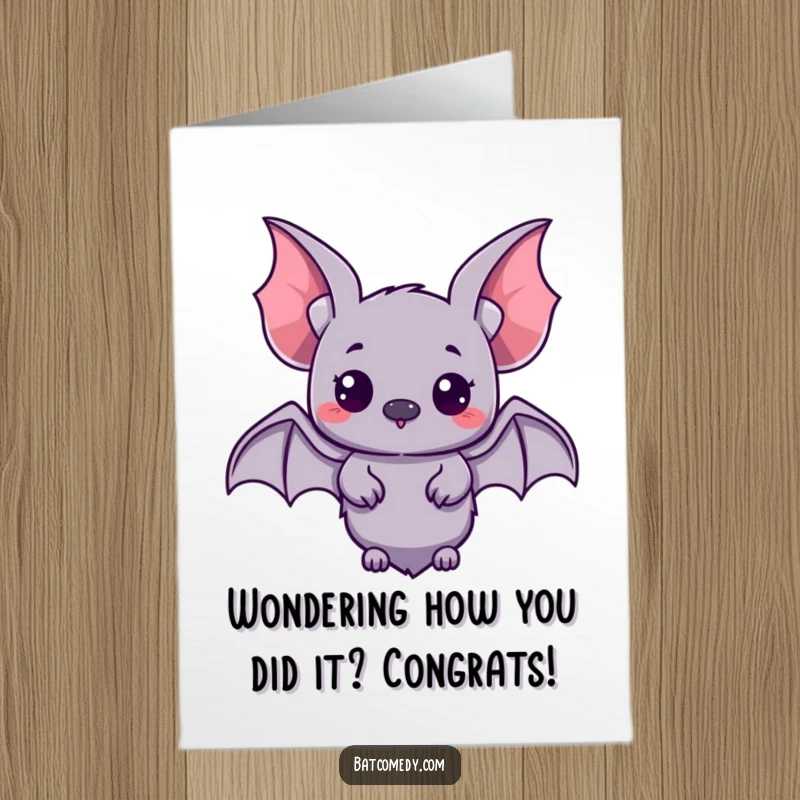 Free Printable Congratulations Card: A kawaii bat with small, spread wings looks around inquisitively, symbolizing new explorations and achievements.