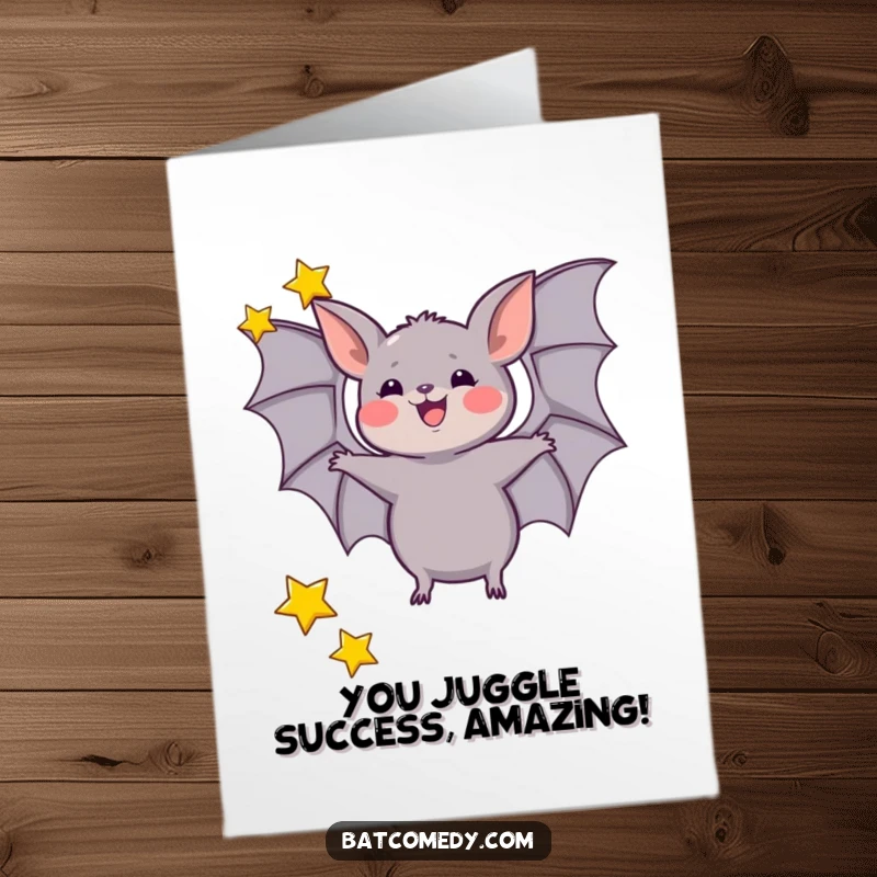 Free Printable Congratulations Card: a bat energetically juggles three tiny stars with its wings, celebrating a win.