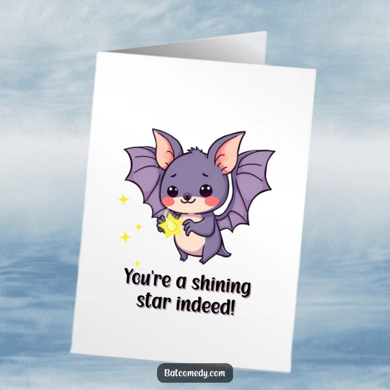 Funny Free Printable Congratulations Card: Kawaii bat holding a glowing firefly, its eyes filled with pure wonder and amazement.