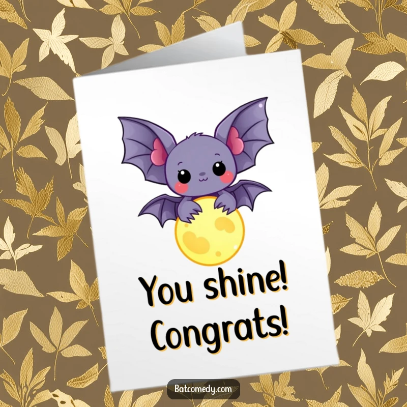 Free Printable Congratulations Card: A kawaii bat holds a luminous moon charm, a symbol of success and bright achievements, perfect for congratulations.