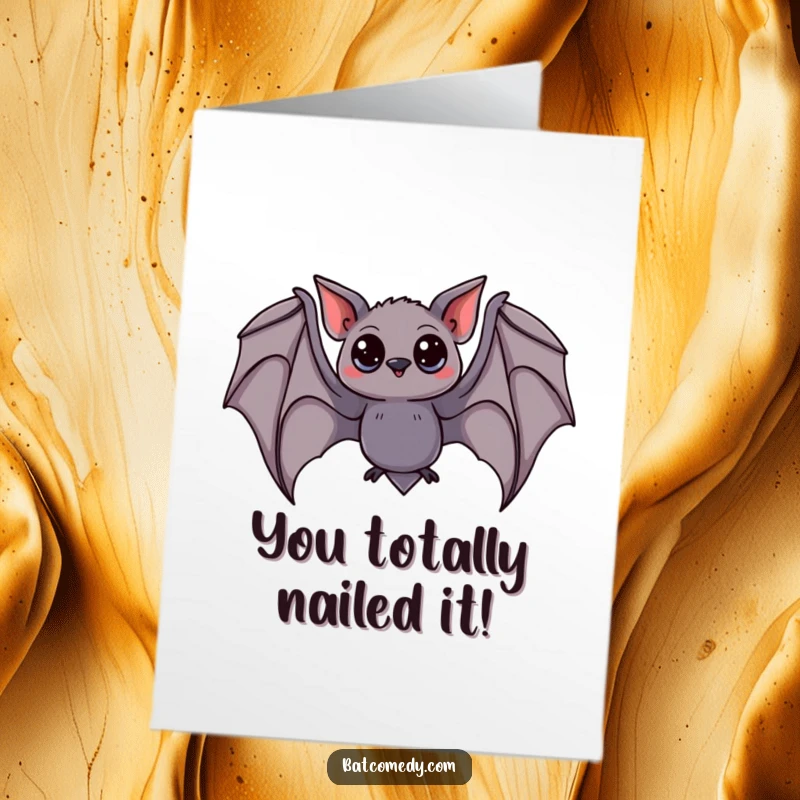 Funny Free Printable Congratulations Card: A curious bat with wide eyes gracefully swoops, wings outstretched, celebrating your amazing accomplishment.