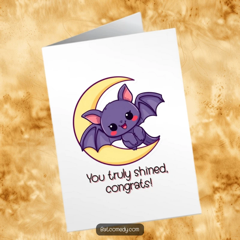 Funny Free Printable Congrats Card: Kawaii bat peeking from a crescent moon, conveying excitement for big news.