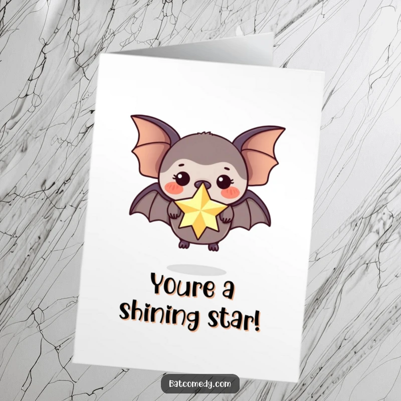 Funny Free Printable Congratulations Card: A bat intently balances a glittering star right on its nose.