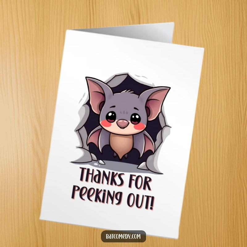 Funny Free Printable Thank You Card: Shy bat peeking from cave with a hesitant smile, a sweet downloadable gift.