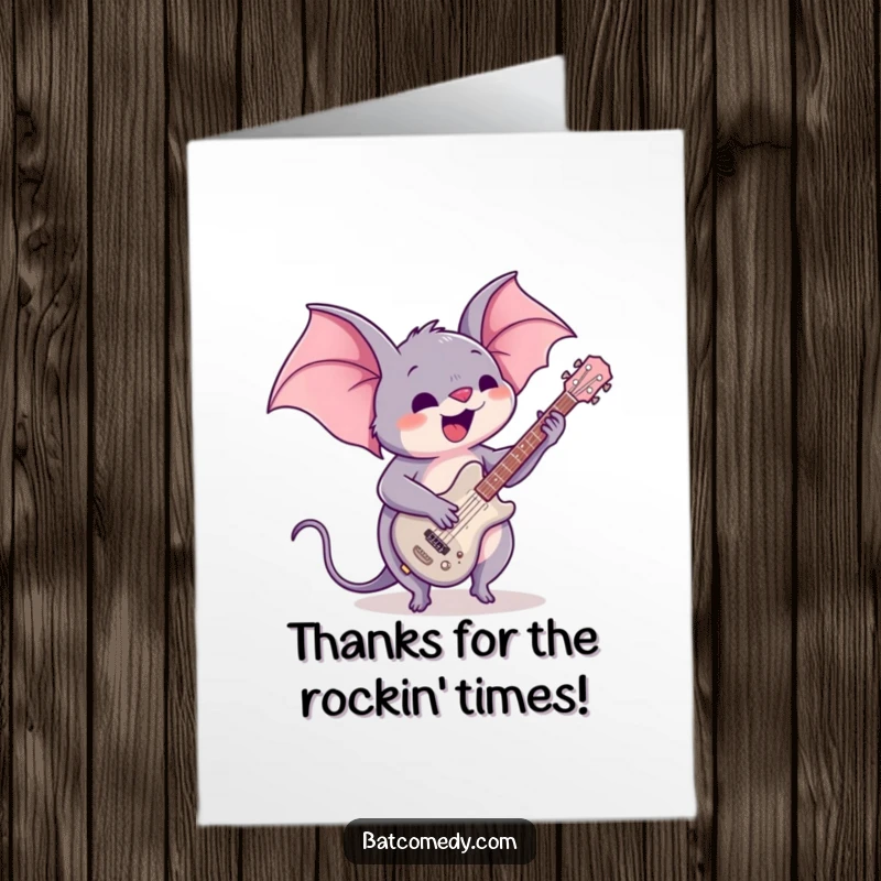 Funny Free Printable Thank You Card: A kawaii bat playing a tiny guitar with enthusiasm, showing appreciation.