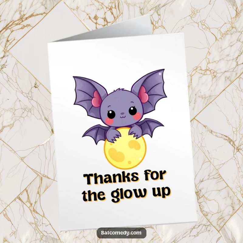Free Printable Thank You Card: A sweet kawaii bat holds a softly glowing moon charm, offering thanks with a touch of enchanting magic.