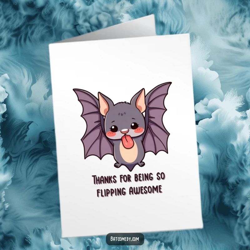 Funny Free Printable Thank You Card: a cute bat upside down with its tongue out, expressing heartfelt thanks.