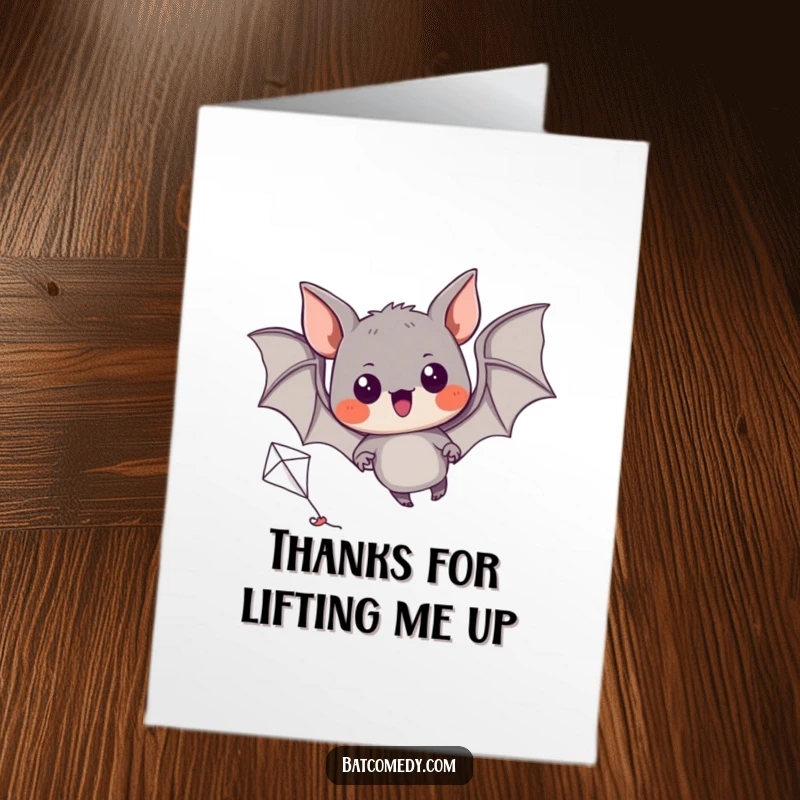 Funny Free Printable Thank You Card: An excited bat with determined eyes tries to fly a small kite.