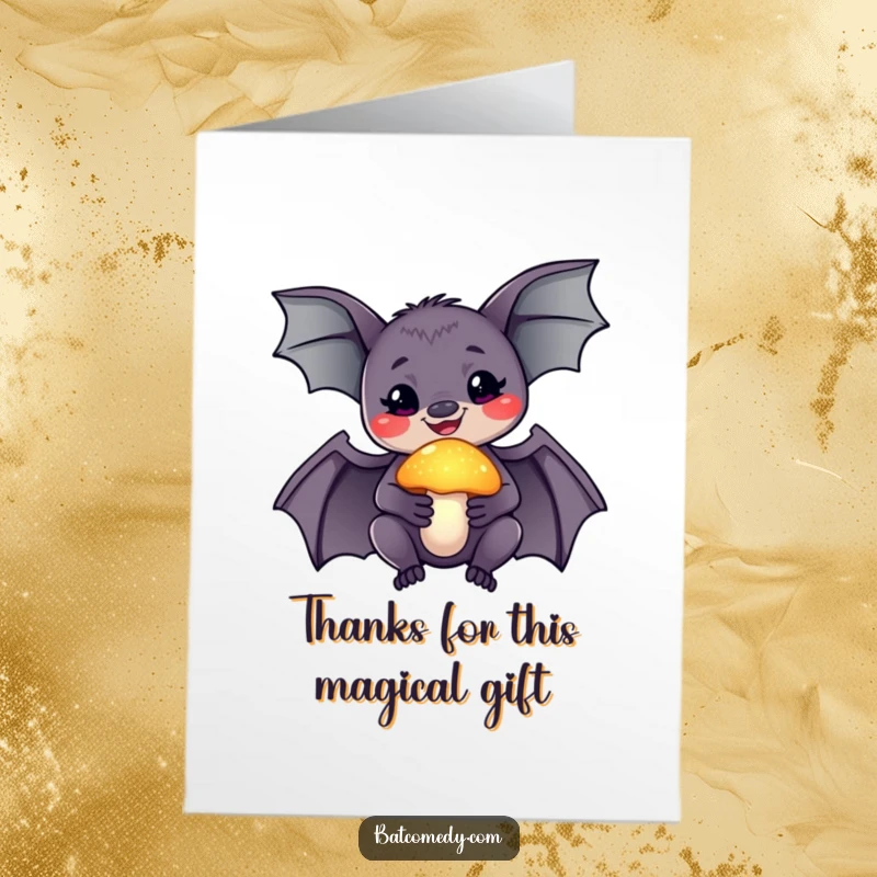 Funny Free Printable Thank You Card: a smiling bat holding a glowing mushroom, conveying wonder and thanks.