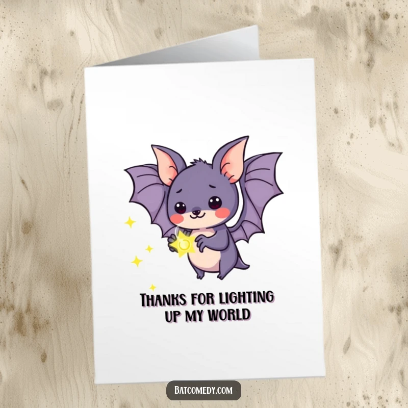 Funny Free Printable Thank You Card: Kawaii bat holding a luminous firefly, expressing quiet wonder and heartfelt gratitude.