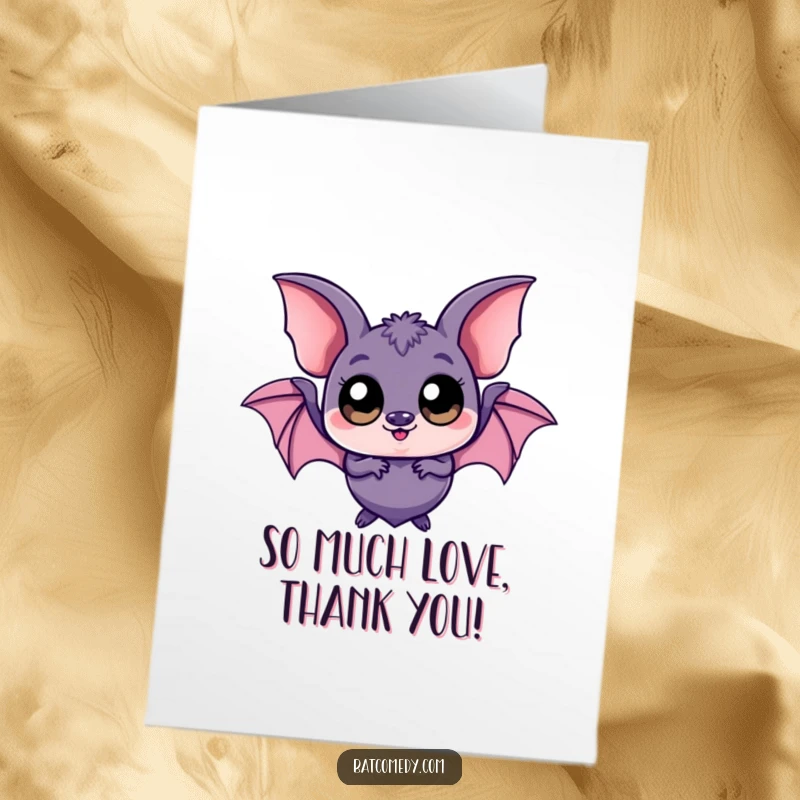Funny Free Printable Thank You Card: A kawaii bat with huge, expressive eyes peeks out playfully, conveying thanks.