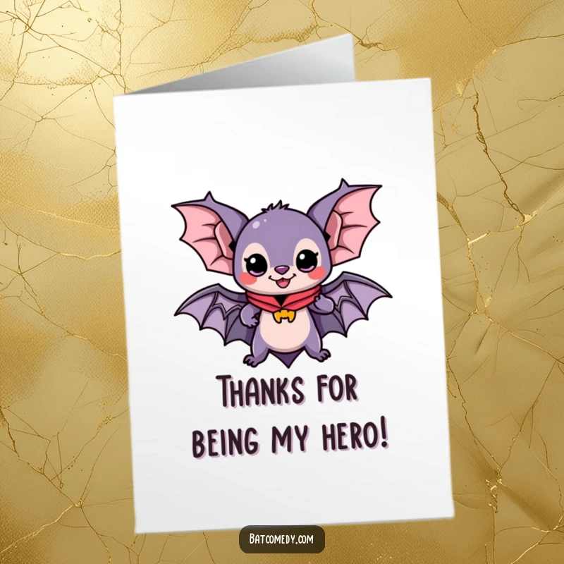 Funny Free Printable Thank You Card: A kawaii bat in a superhero cape, ready for action and expressing thanks.