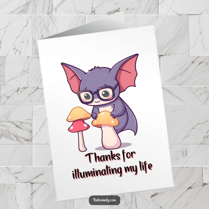 Funny Free Printable Thank You Card: A bat wearing spectacles looks intently at a glowing mushroom, conveying thanks with scholarly charm.