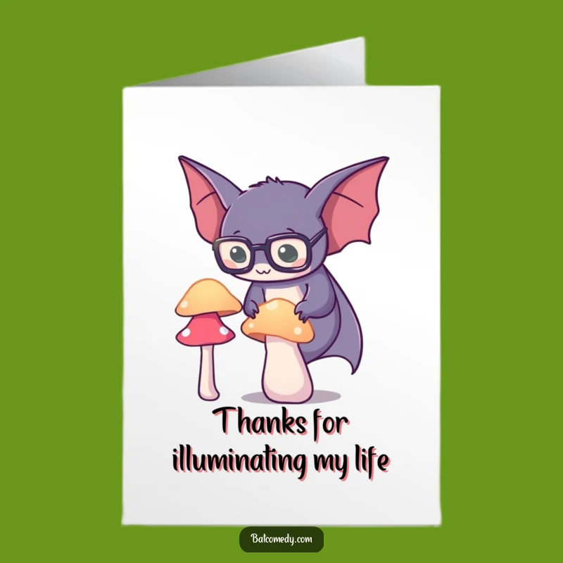 Free Printable Thank You Card: Spectacled Bat Appreciates with Glowing Mushroom