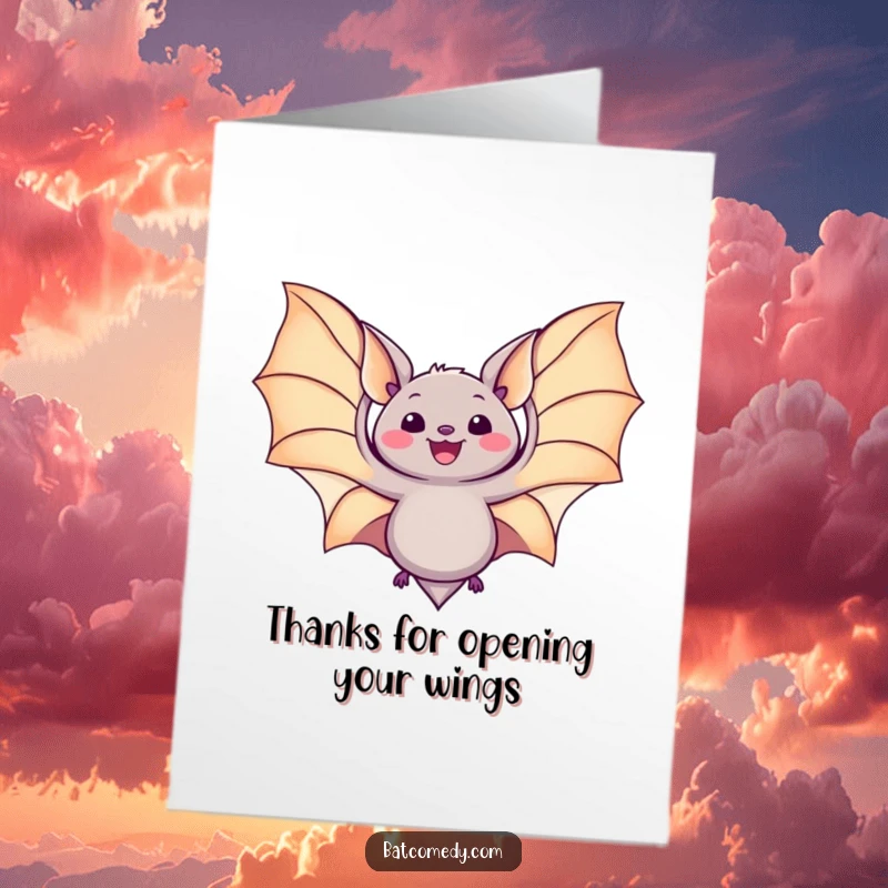 Funny Free Printable Thank You Card: A kawaii bat spreads its wings wide in a gesture of delighted gratitude and heartfelt thanks.