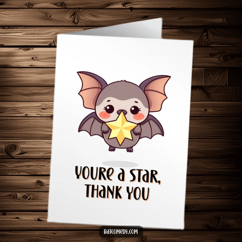 Funny Free Printable Thank You Card: A bat demonstrates its skill by balancing a sparkly star on its nose.