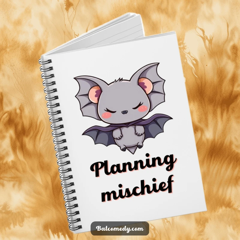 Funny notebook cover with a black bat in a small cape and a mischievous smirk, ready for writing.