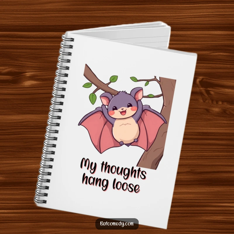Funny notebook design featuring a bat dangling from a branch with a wide, happy grin, great for jotting notes.