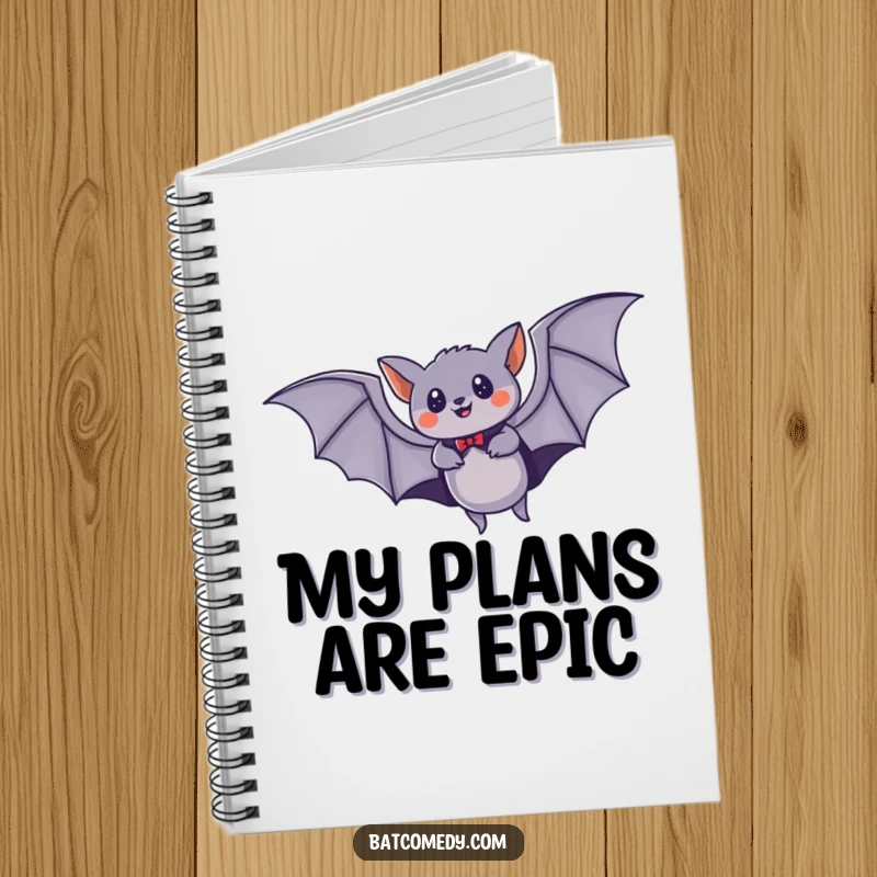 Funny notebook with a bat wearing a cape, flying speedily through the night sky, perfect for jotting heroic notes.