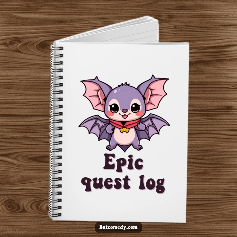 Funny notebook with a kawaii bat wearing a cape, ready for adventure, perfect for journaling, sketching, or planning heroic deeds.