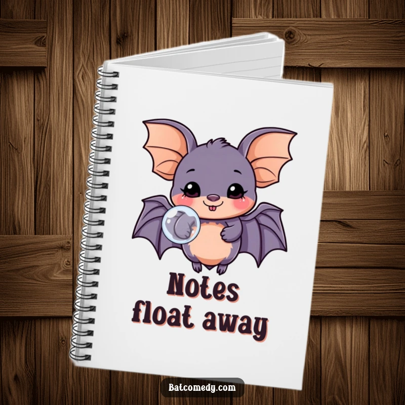 Funny kawaii bat notebook featuring a happy bat blowing a bubble, ideal for journaling, sketching, and creative writing.