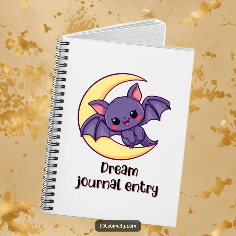 Funny notebook with a kawaii bat peeking excitedly from a crescent moon, perfect for notes, journaling, or sketching, a delightful gift.