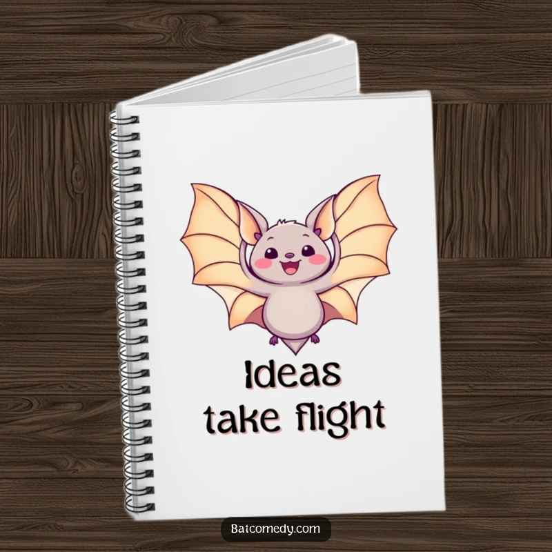 Funny kawaii bat notebook featuring a bat spreading its wings wide with delight, ideal for journaling and creative writing.