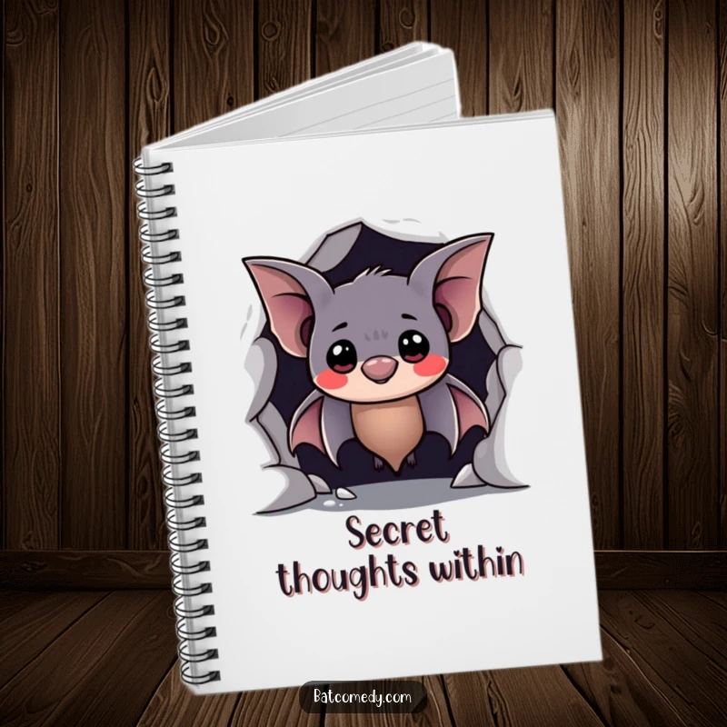 Funny notebook design featuring a shy bat peeking from a cave with a hesitant, sweet smile, great for gentle notes.