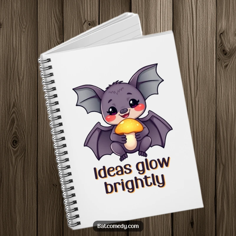 Funny notebook with a smiling bat holding a glowing mushroom, designed for jotting down magical thoughts and ideas.