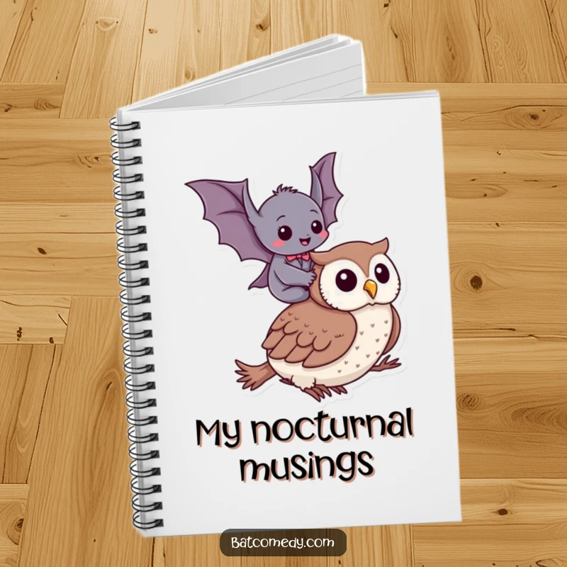 Funny notebook features a bat giggling atop an owl, perfect for jotting down ideas with a dose of humor.