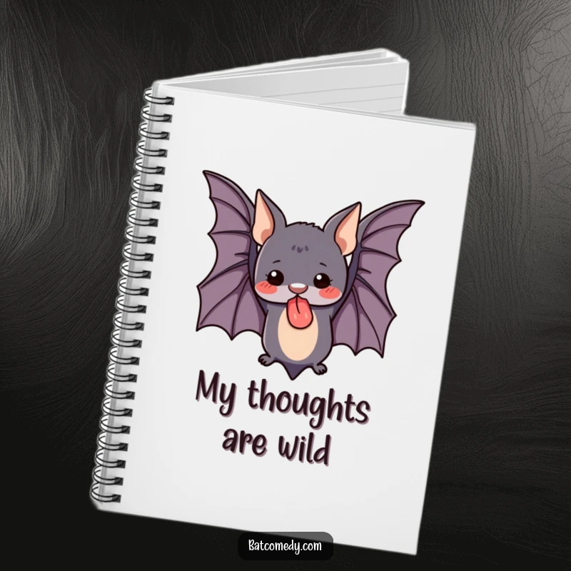 Funny notebook with a cute bat hanging upside down, tongue sticking out, ideal for jotting notes with a touch of humor.