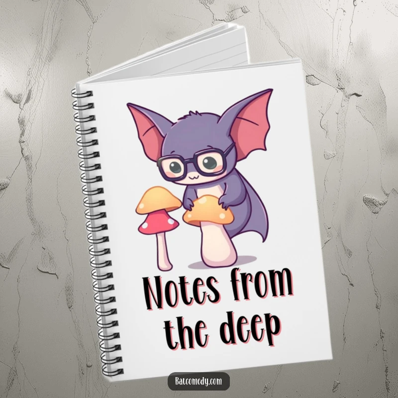 Funny spectacled bat notebook featuring a bat with glasses peering at a glowing mushroom, perfect for jotting down ideas.