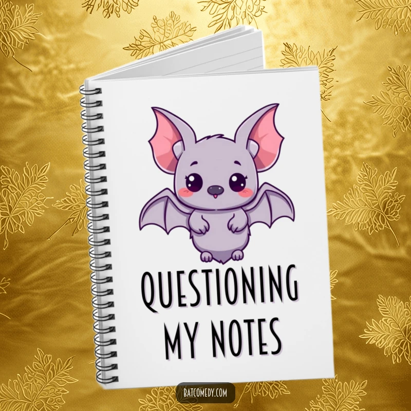 Funny kawaii bat with small wings spread, looking curiously on a notebook cover, perfect for humorous note-taking.