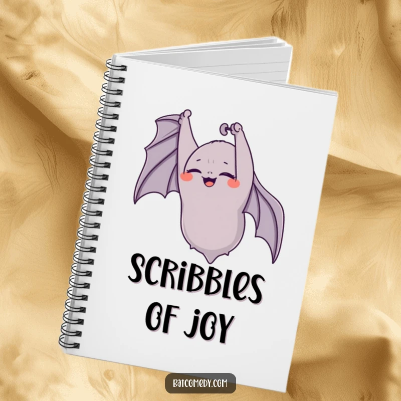 Funny bat notebook with an upside-down bat giggling with eyes closed, perfect for jotting down happy thoughts and ideas.