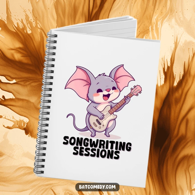Funny notebook with a kawaii bat playing a guitar enthusiastically, perfect for journaling music ideas, lyrics, or daily notes.