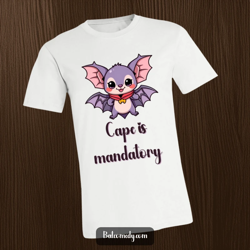 Funny T-shirt showcasing a kawaii bat wearing a flowing cape, poised and ready for exciting adventures, perfect for fantasy and superhero fans.