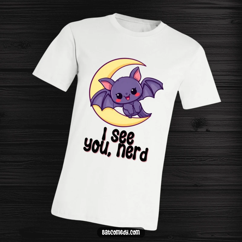 Funny T-shirt showcasing a kawaii bat peeking excitedly from a crescent moon, capturing a moment of delightful anticipation, great for fantasy lovers.