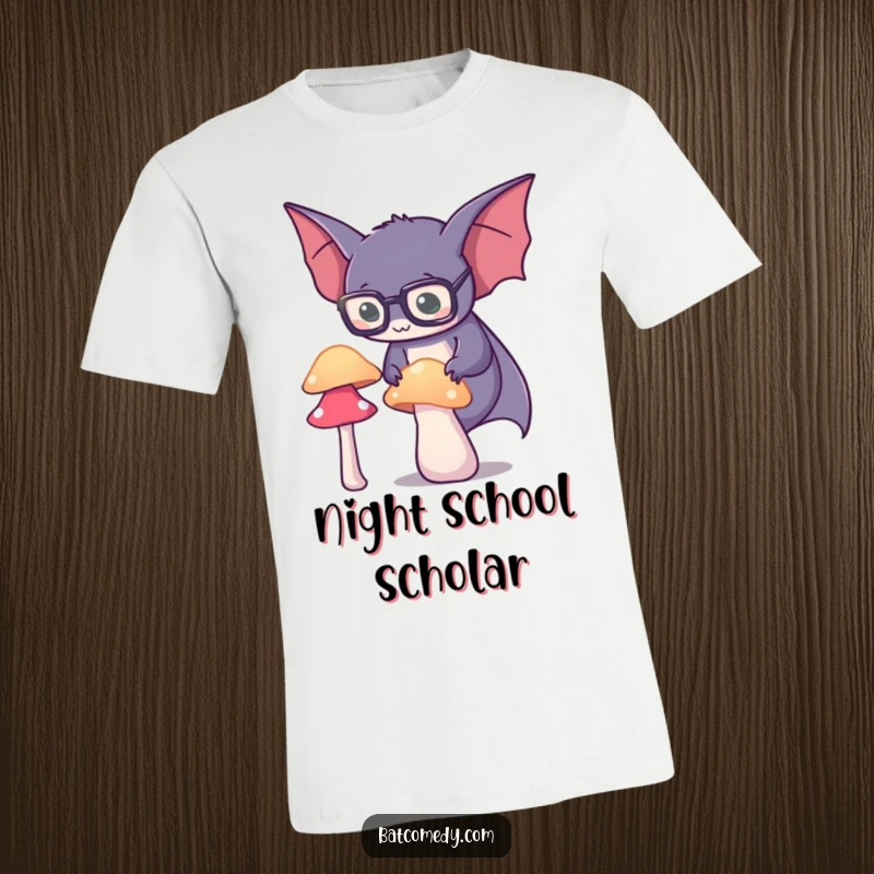 Funny spectacled bat t-shirt depicts a bat wearing small glasses, looking closely at a bioluminescent mushroom, showcasing curiosity.