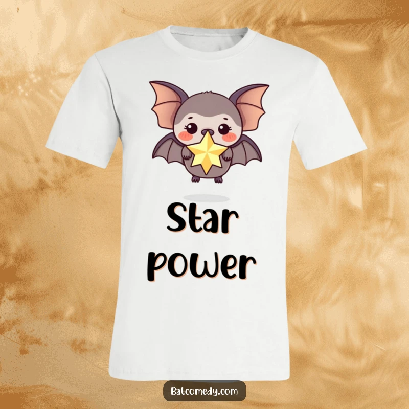 Funny t-shirt graphic of a black bat with a star balanced perfectly on its nose, looking mystical.